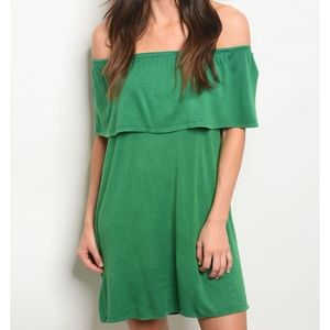 Green Ruffle Off Shoulder Mineral Wash Tunic Dress